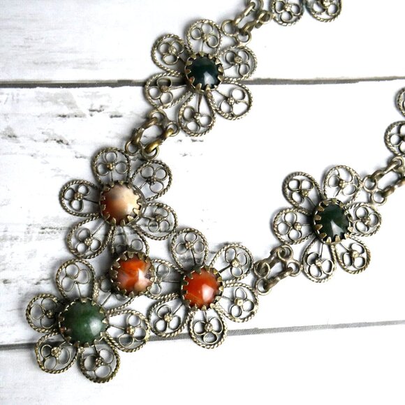 Vintage Hippie Flower Power Filigree Gemstones Bib Necklace Indian Style - Picture 2 of 10